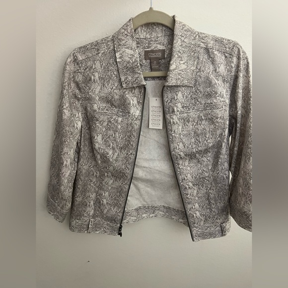 NWT Chicos Womens Jacket Size Small Grey Snake Print Linen Blend with pa… - Picture 2 of 8